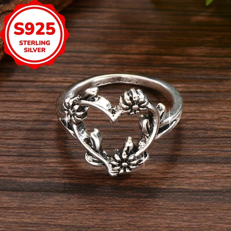 Fashion S925 Sterling Silver Antique Silver Heart-shaped Carved Flower Ring for Women Wedding Engagement  Gift