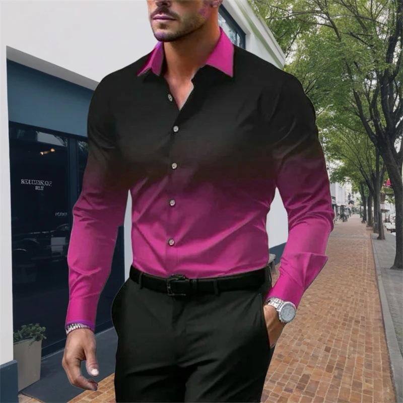 Spring Autumn Long Sleeved Shirt for Men with Sense of Luxury Gradient Lapel Loose Buttons Versatile Versatile Shirts Men’s