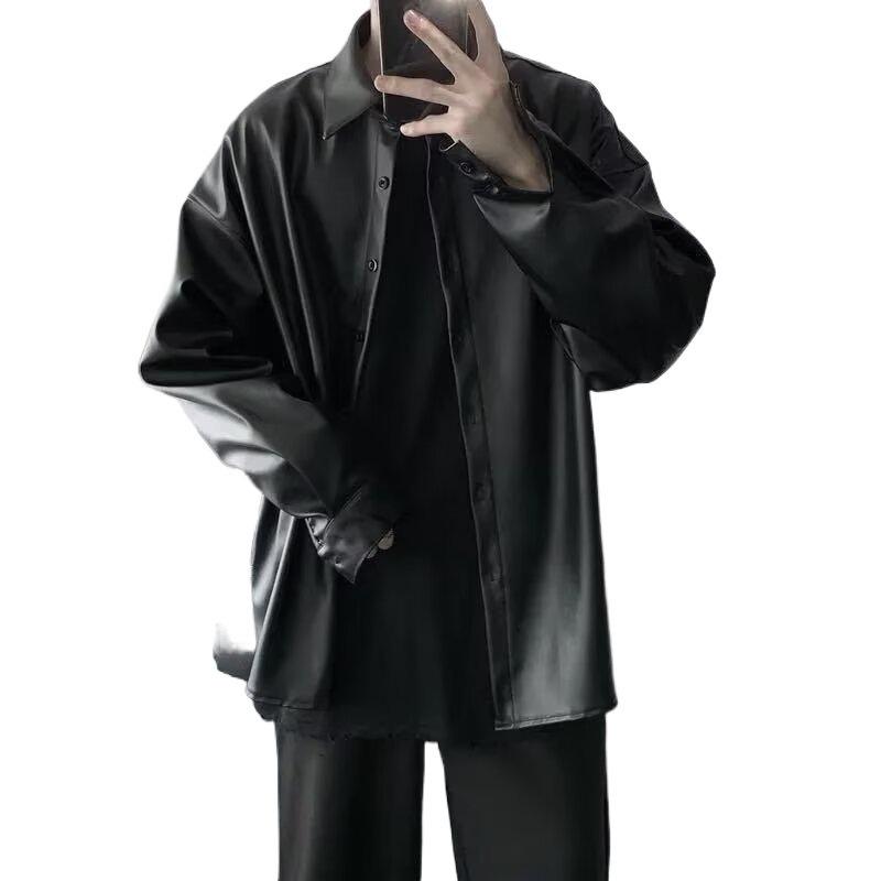 Męska koszula-kurtka w koreańskim stylu ze skóry PU - Modna, Wszechstronna, Długi rękaw, Luźny krój na jesień