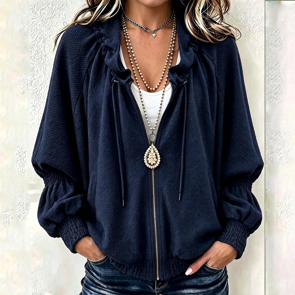 Women's Color Pleated Stand Collar Zip-Up Jacket