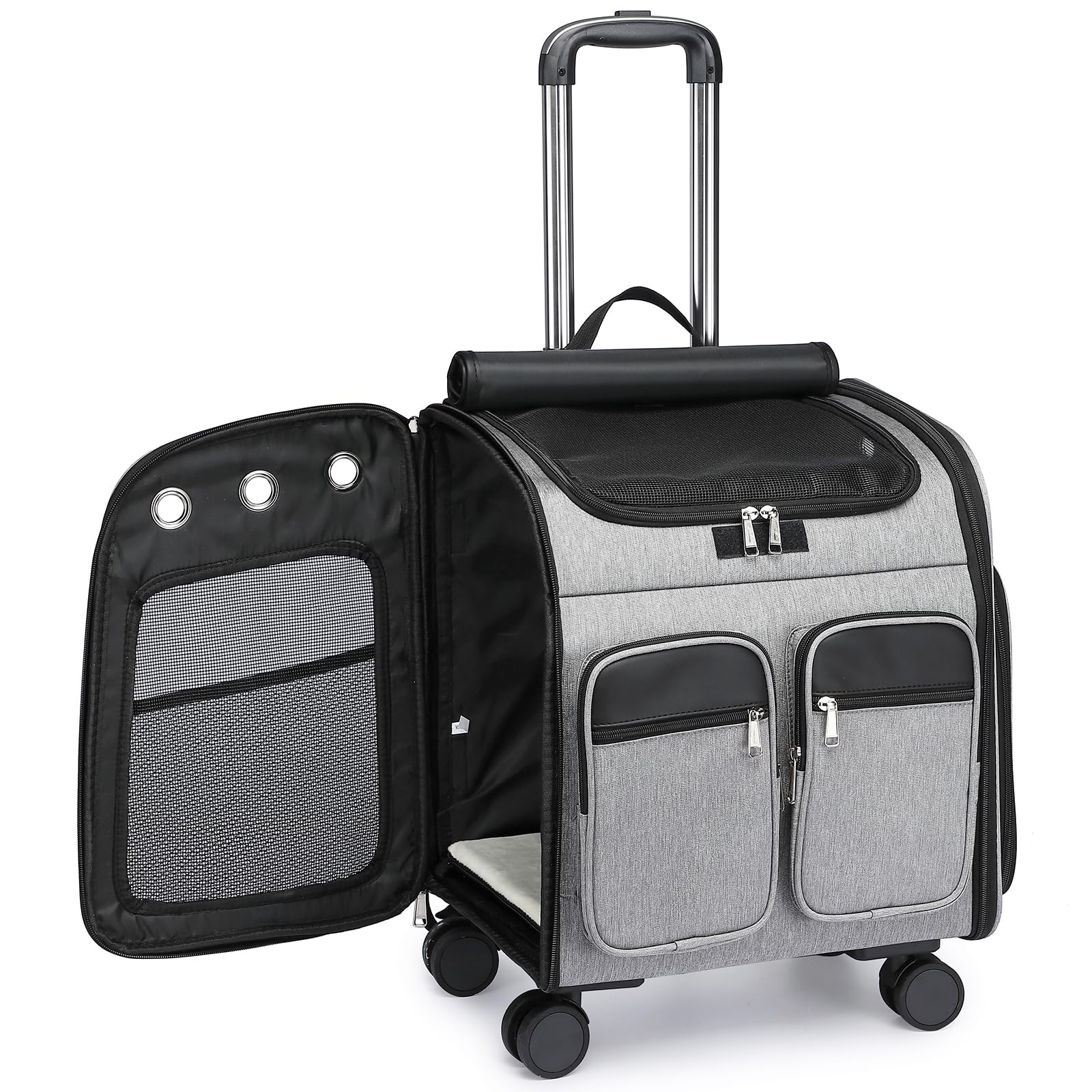 

OXSITO Рюкзак-переноска для питомцев на колесиках, многофункциональный, дышащий, идеально подходит для посещения врача и подходит для собак, идеально подходит для весенних прогулок, 4-сторонний серый