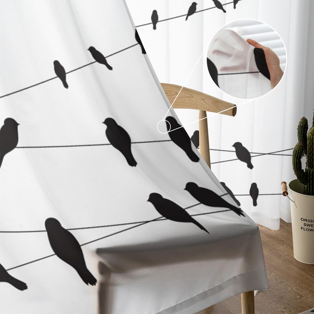 Animal Bird Wire Black And White Sheer Curtains for Living Room Decoration Window Curtains Kitchen Tulle Voile Organza Curtains