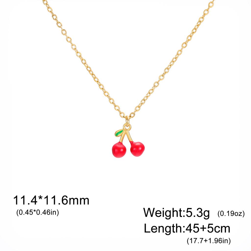 Teamer Enamel Cherry Charms Necklace Gold Color Stainless Steel Sweet Choker For Woman Girls Trendy Jewelry Gift Wholesale New