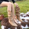 Inner Heightening Suede Pleated Stacking Boots Women's Autumn and Winter New Pointed Western Cowboy Boots Lapel Mid Boots Women's