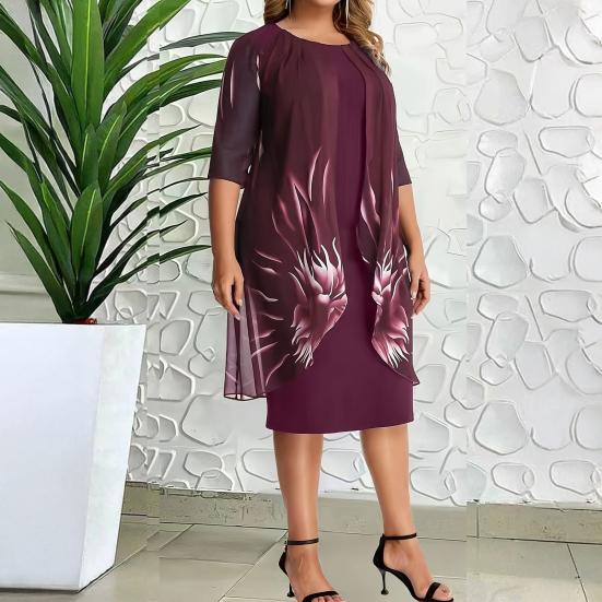 Women Dress Round Neck Half Sleeve Printing Shawl Design Plus Size Dress Loose Hem Slimming Casual Dress Office Party Wear