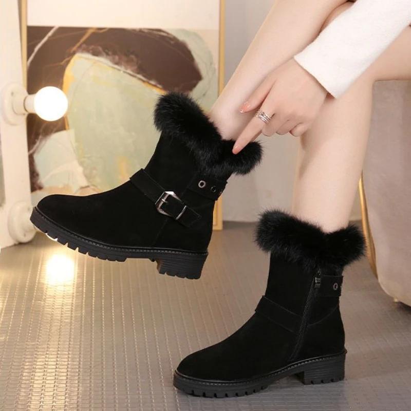 Ladies Snow Boots Mid Calf Half High Female Shoes Biker Elegant with Medium Heels Fashion Winter 2024 Novelty Padded Footwear 39