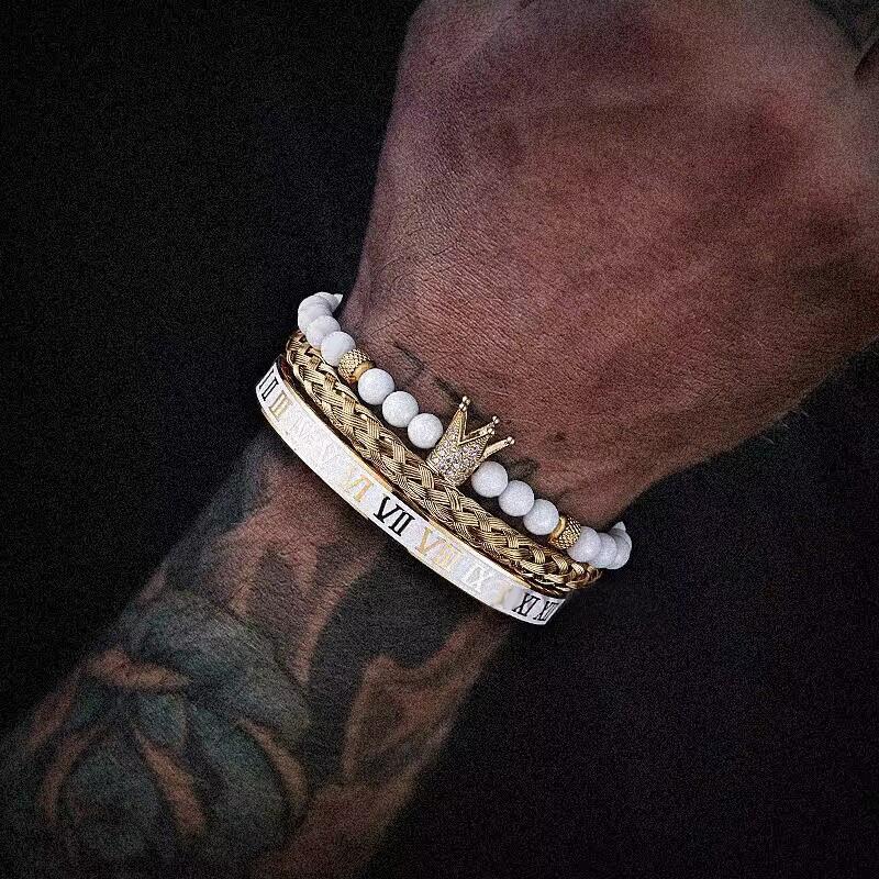 Titanium Steel Skull Leopard Head Crown Bracelet With Roman Numerals For Men And Women