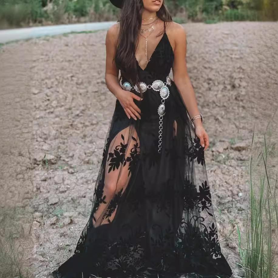 Women V Neck Halter Neck Floral Mesh Maxi Dress High Slit Bohemian Summer Dress XS чёрный