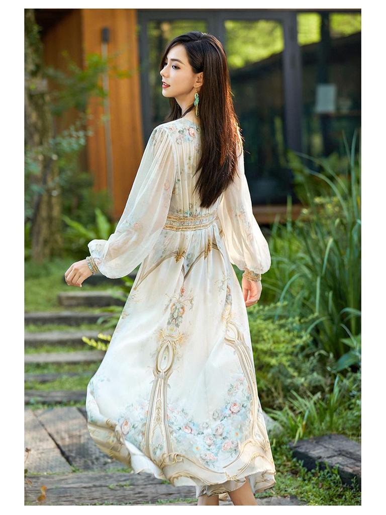 Elegant Spring 2025 Women's Slimming Bubble Sleeve Mulberry Silk Dress