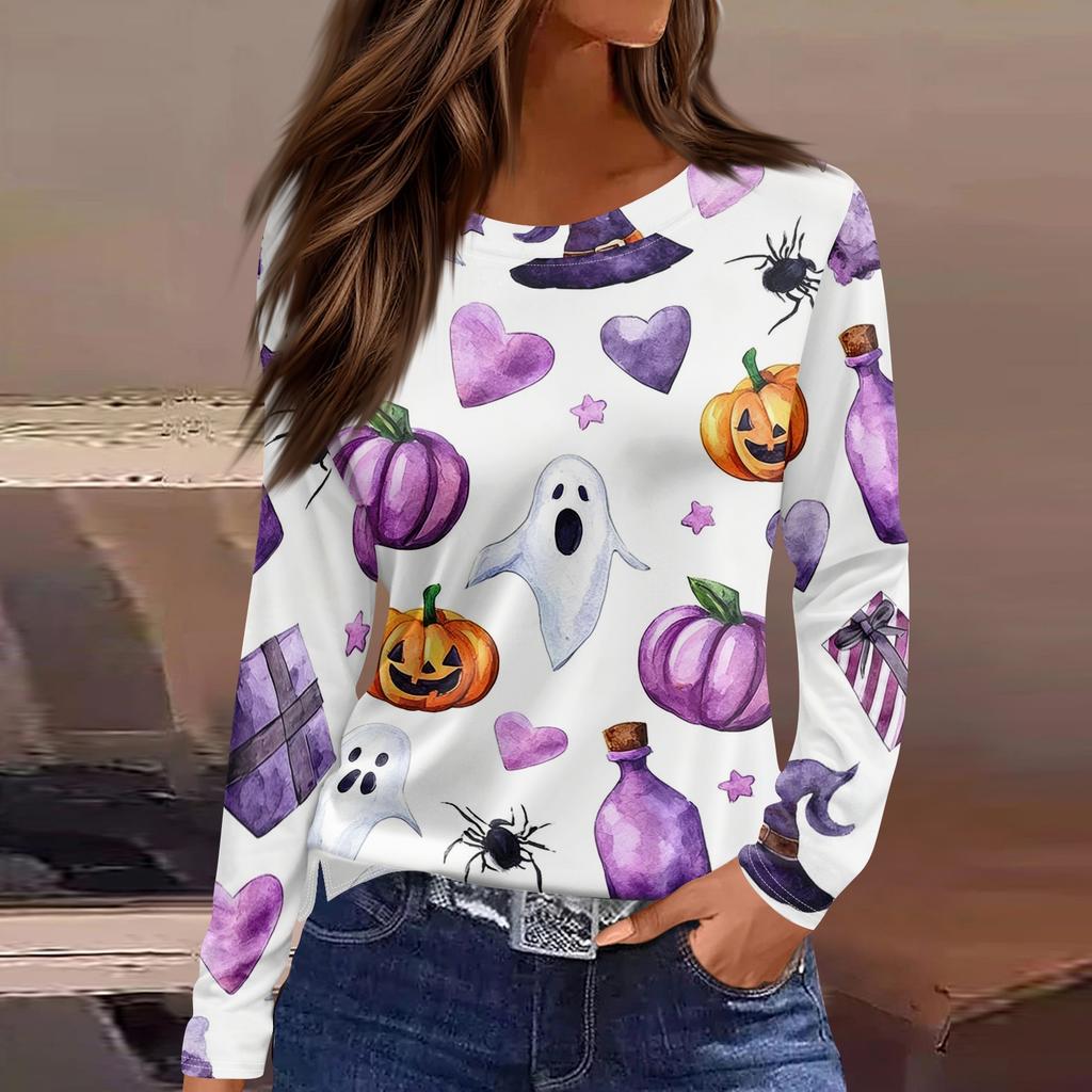 Women's Halloween Print Long Sleeve Top with Round Neck and Hem Slit
