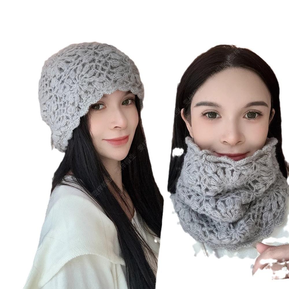 Autumn and winter one hat dual-purpose hollow scarf star warm pile cold hat big head circumference knitted wool hat