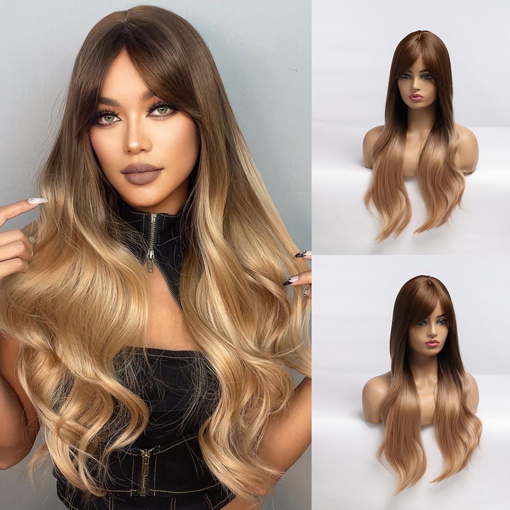 Synthetic Wigs Long Natural Wavy Wig Ombre Brown Golden Highlight Blonde Layered Hair with Side Bangs for Women Heat Resistant