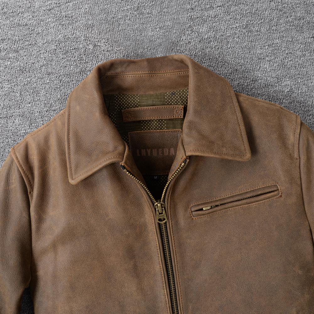 Classic 1930S Style Brown Uncoated Genuine Cow Men Leather Jacket Soft Slim Fit Men's Natural Cowhide Coat Autumn