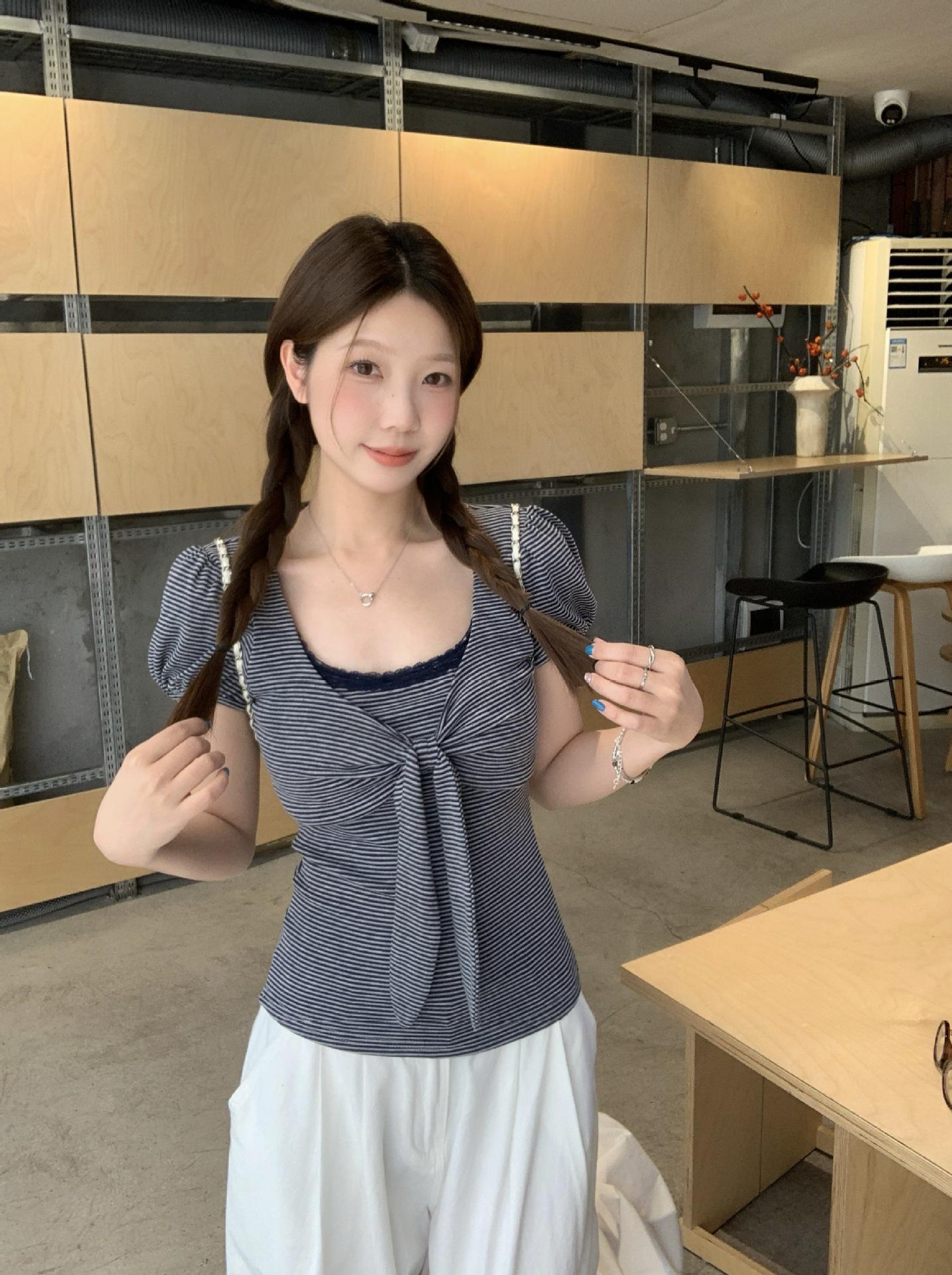 Plus Size Striped Korean Style Square Neck Bowknot Short Sleeve T-shirt Large