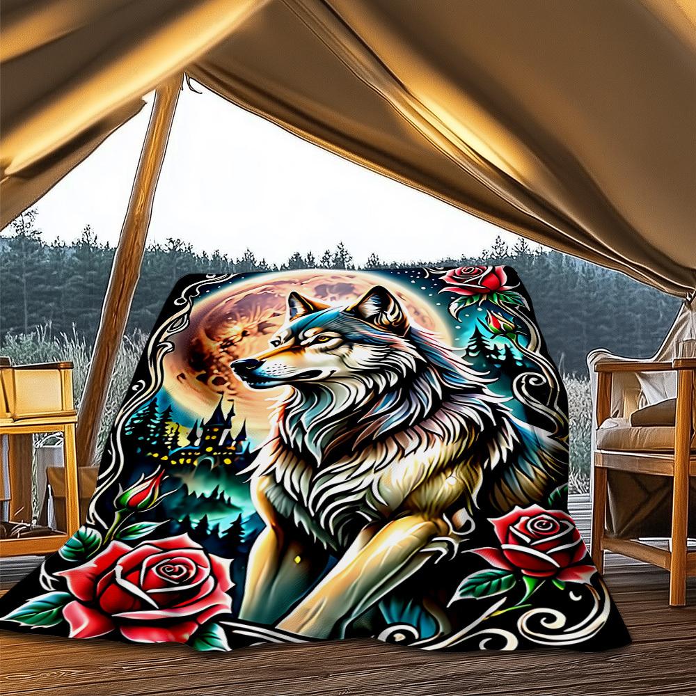 1pc Wolf Roses Design Throw Blanket Polyester Fiber, Lightweight Flannel, Soft & Warm, All Season Use for Outdoor, Camping