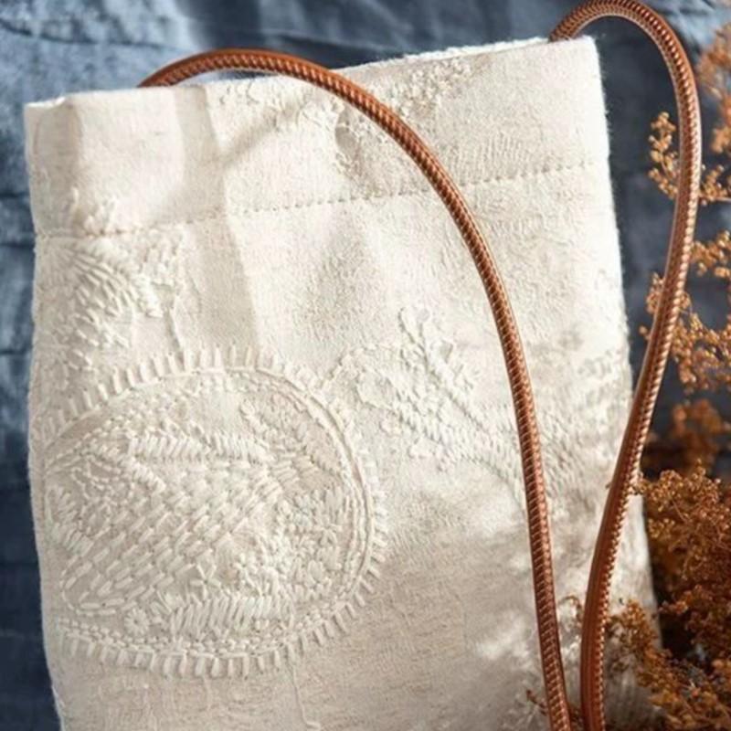 Beige Jacquard Embroidery Handbag Women Vertical Lightweight Mini Shoulder Bucket Bag Ladies Retro Casual Crossbody Bags Purse