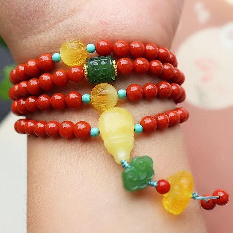 Women's Southern Red Multi-Turn 108-Bead Bracelet with Hetian Jade & Amber - Ethnic Style Jewelry for Men & Women.
