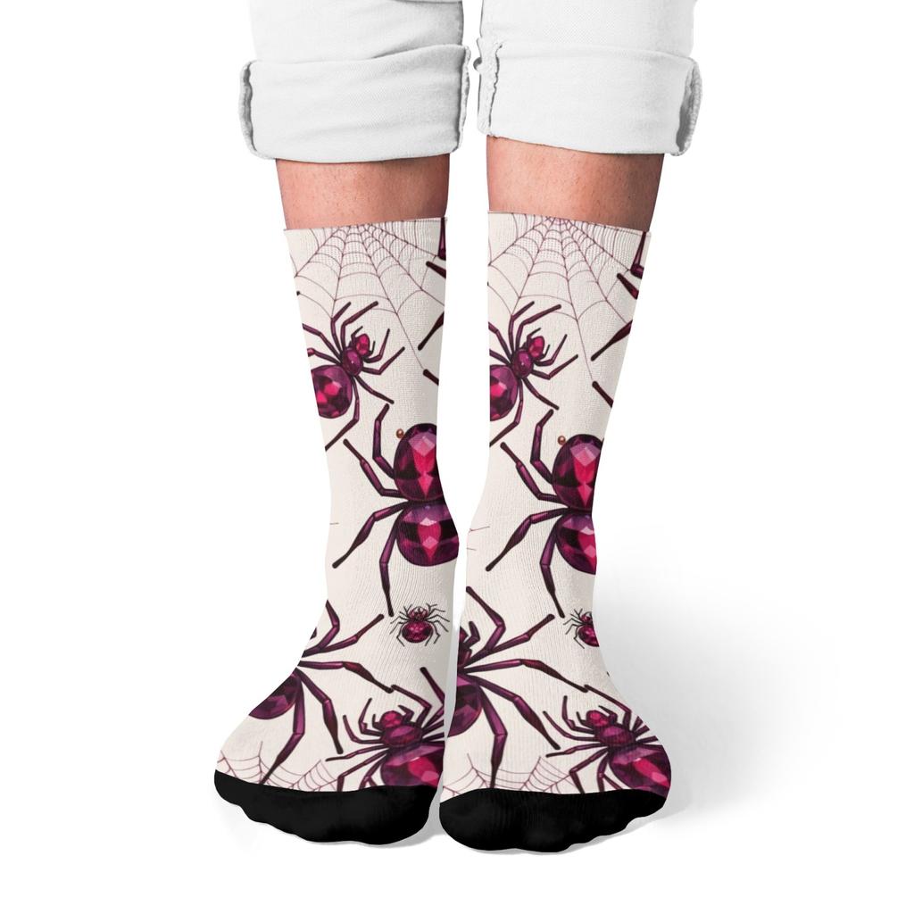 1 Pair All-Season Crew Socks Classic Spider Pattern Print Polyester, Stocking for Casual Sports & Outdoor Men & Women
