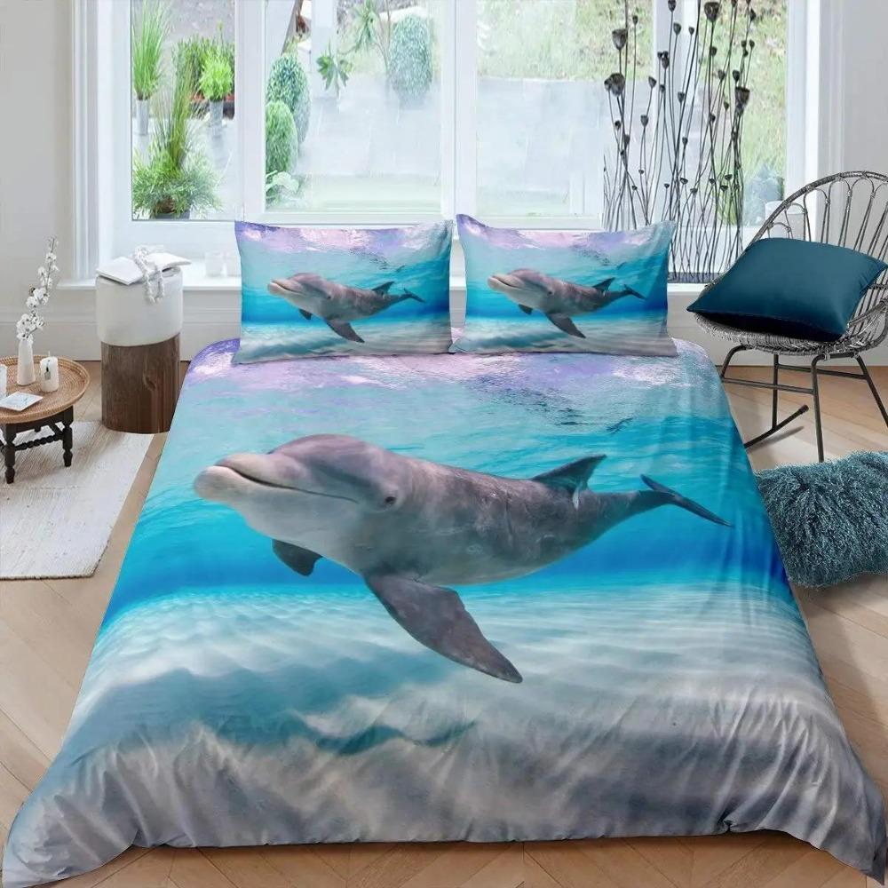 3D Dolphin Pattern Blue Ocean Queen King Size Bed Cover Animal Single Bedbag Pillowcase Children Adult Bed Polyester Bedding