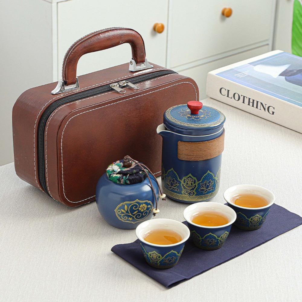 Tea Ceremony Ceramic Travel Tea Set with Proctive Box Chinese Style Kungfu Tea Set with Canister Porcelain Teaware Camping