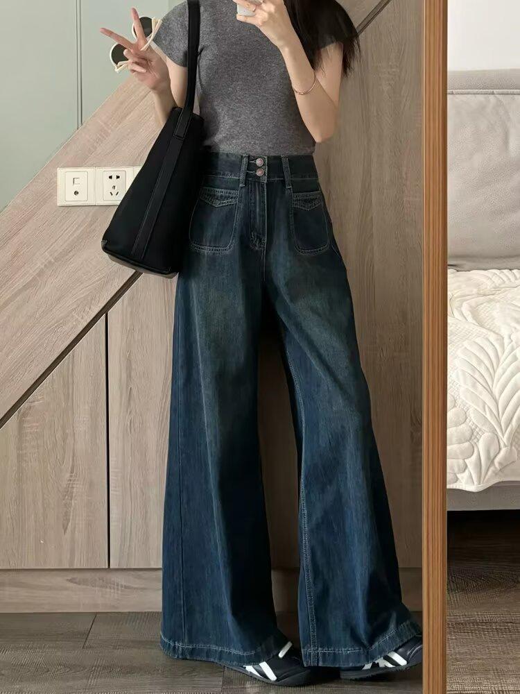 Women's Retro Wide-Leg Jeans: Plus Size, Hip Slimming, Pear-Shaped Fit, Floor-Length, Spring & Autumn Style