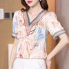 New Fashion T-shirt Tops  Summer High End V-neck Satin Print Splicing Fashion Trendy Women's