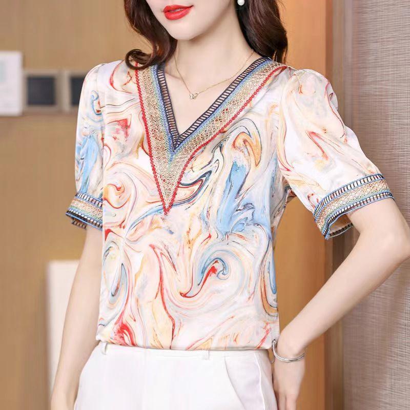 New Fashion T-shirt Tops  Summer High End V-neck Satin Print Splicing Fashion Trendy Women's