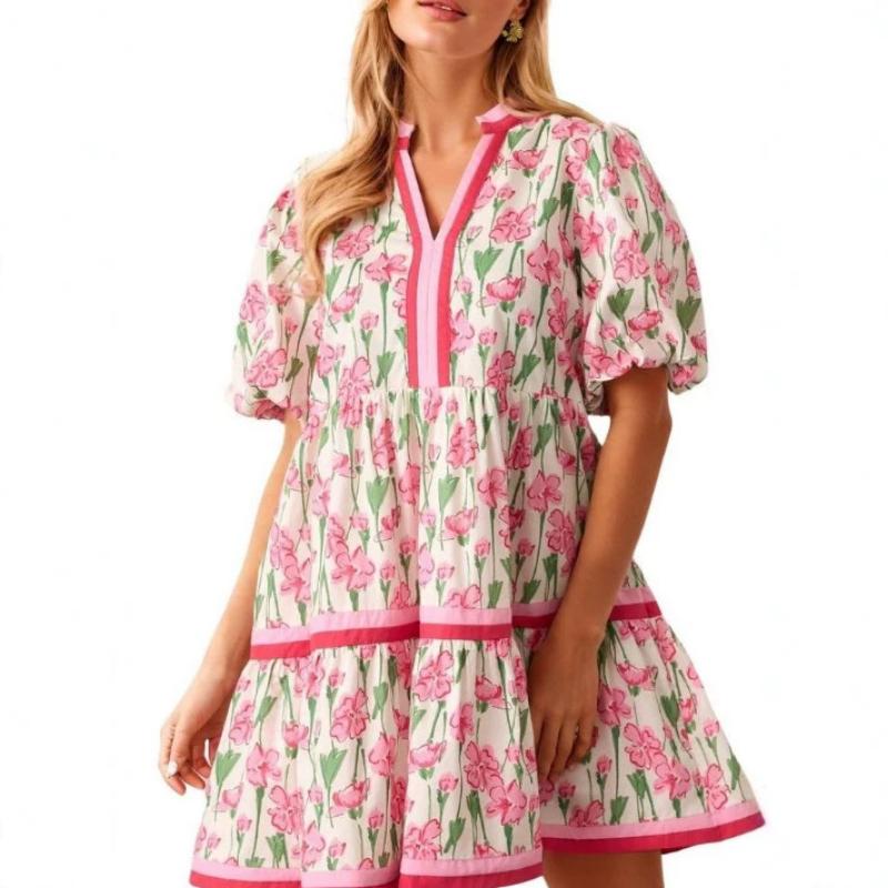 Women s Pink Floral Print Mini Dress V Neck Puff Sleeve Tiered Ruffle Babydoll Dress Loose Casual Retro Princess Style Summer Short Dress S розовый