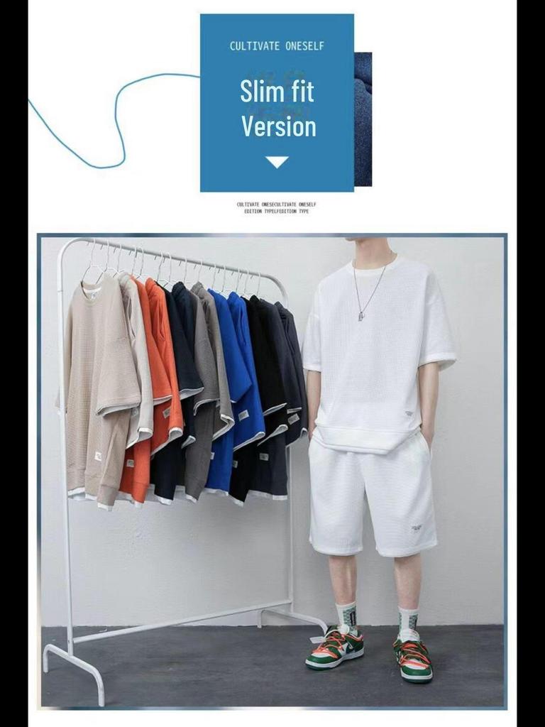 2022 Men's Waffle Short Sleeve Sports Leisure Suit - 2-Piece Set