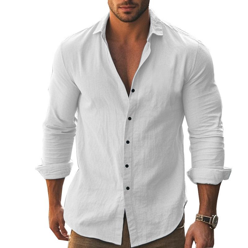 New Casual Solid-Colour Long-Sleeved Shirt Cotton Collared Button-Down Long-Sleeved Beach Shirt Top for Men