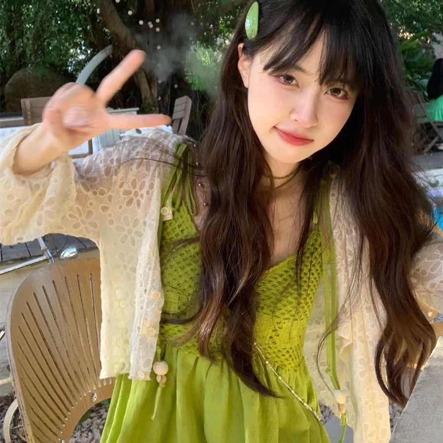 Bohemian Green Tassel Two-Piece Sleeveless Spaghetti Strap Summer Babydoll Mini Dress for Women