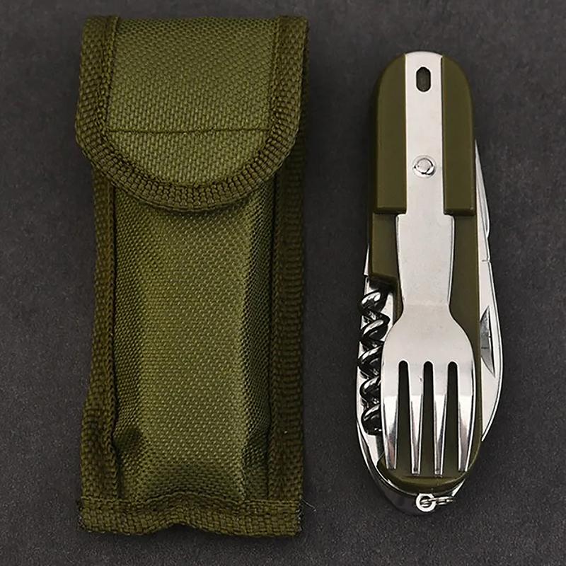 7 In 1 Multifunctional Outdoor Tableware Survival Tools Stainless Steel Foldable Fork Spoon Knife Picnic Camping Dinnerware