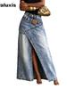 Neues Design Patchwork Lagen-Wasch-Denim-Hose Langer Rock Damen