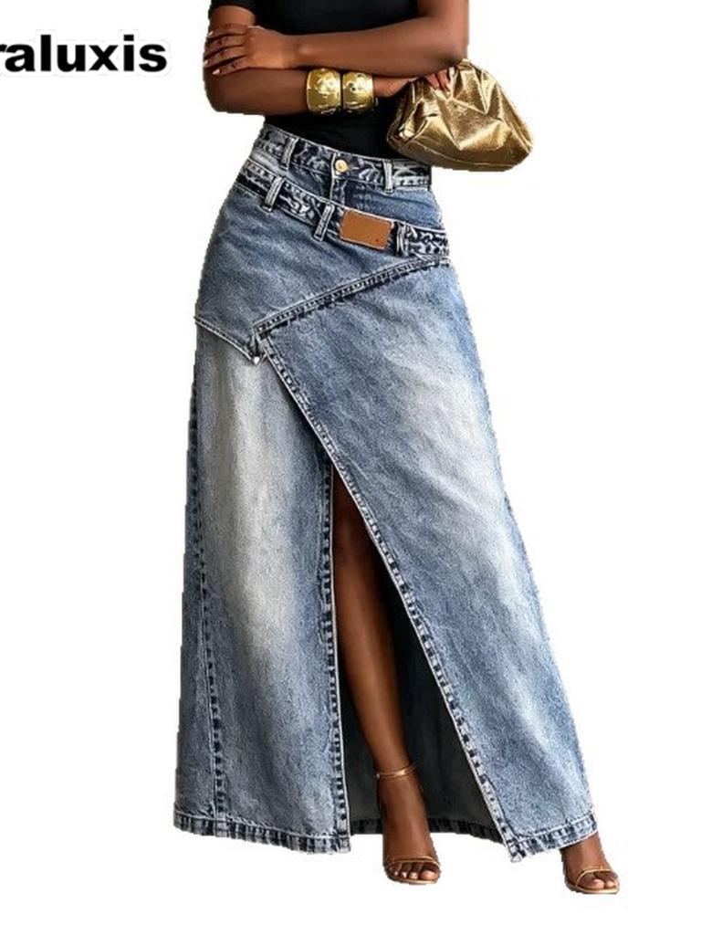 Neues Design Patchwork Lagen-Wasch-Denim-Hose Langer Rock Damen