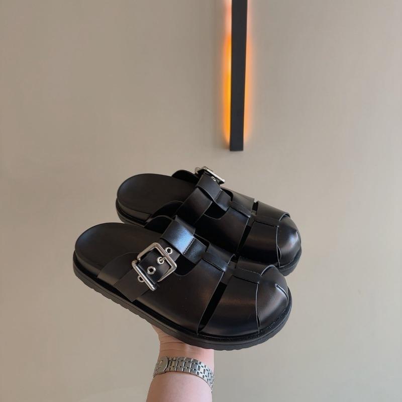 Leather Big Head Woven Hollow Sandals Women's Summer New Thick-soled Velcro Pig Cage Shoes