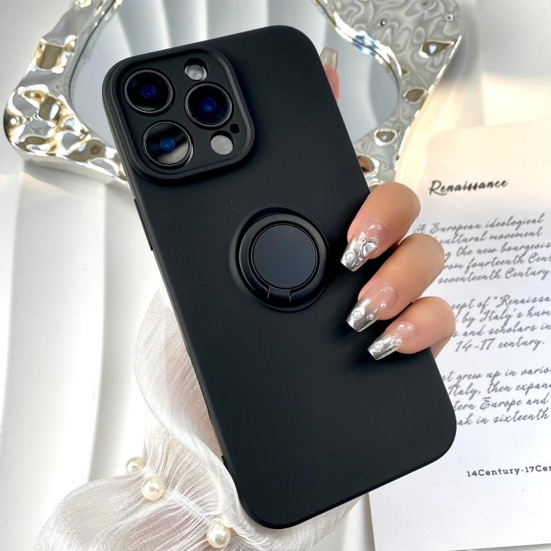 Однотонный мягкий силиконовый матовый чехол для iPhone 16 Pro 15 Pro Max 14 Plus 13 12 11 XS XR 8 7 с держателем кольца, противоударная защита объектива телефона iPhone 16 чёрный