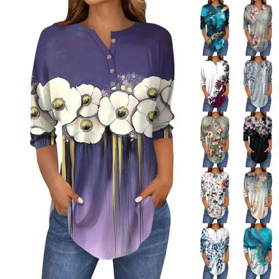 Cămașă de tricou cu mânecă trei sferturi, cu guler cu nasturi, cu imprimeu floral vintage