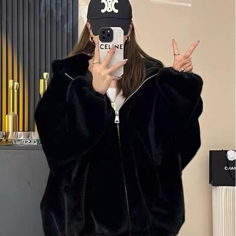 

Женская меховая куртка-свитер с капюшоном, корейский стиль, осень/зима 2024, свободный крой, утолщенный бархатом XL