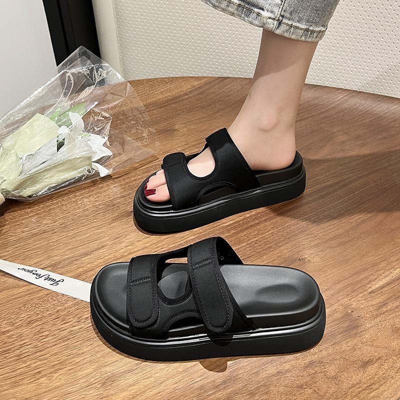 Beach Cool Slippers Women's New Fashion One-character Outer Wear Casual Velcro Thick-bottomed Cool Slippers