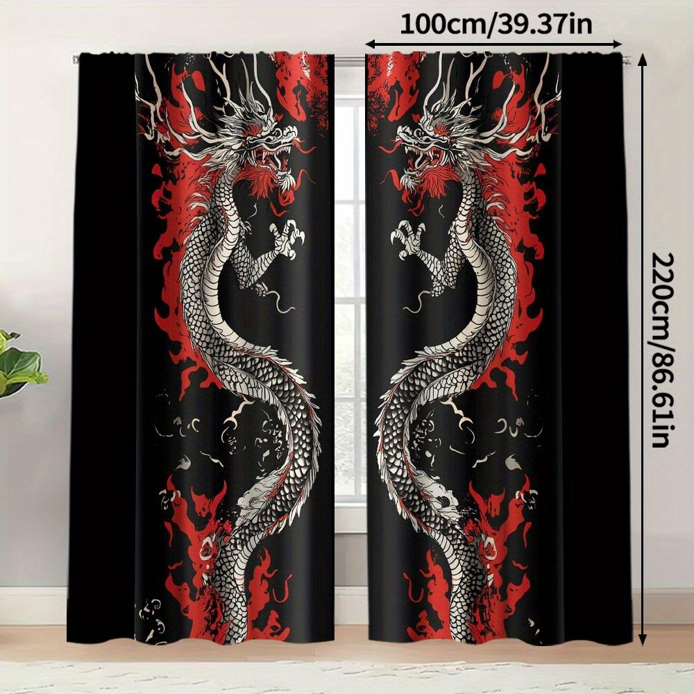 2pc Japanese Dragon Curtains – Black & Red   Light-Filtering Rod Pocket for Living Room   Bedroom & Kitchen (Rod Not Included)