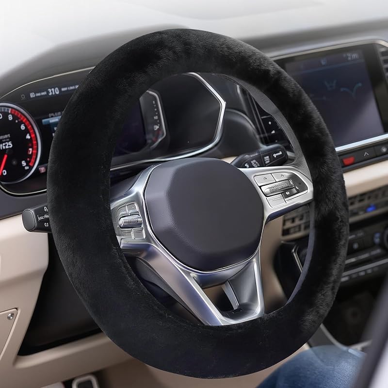 Coverado Winter Fluffy Steering Wheel Cover, Upgraded Anti-Slip Fuzzy Furry Car Steering Wheel Cover, Universal 14-15 inch, Soft Plush, Warm, No