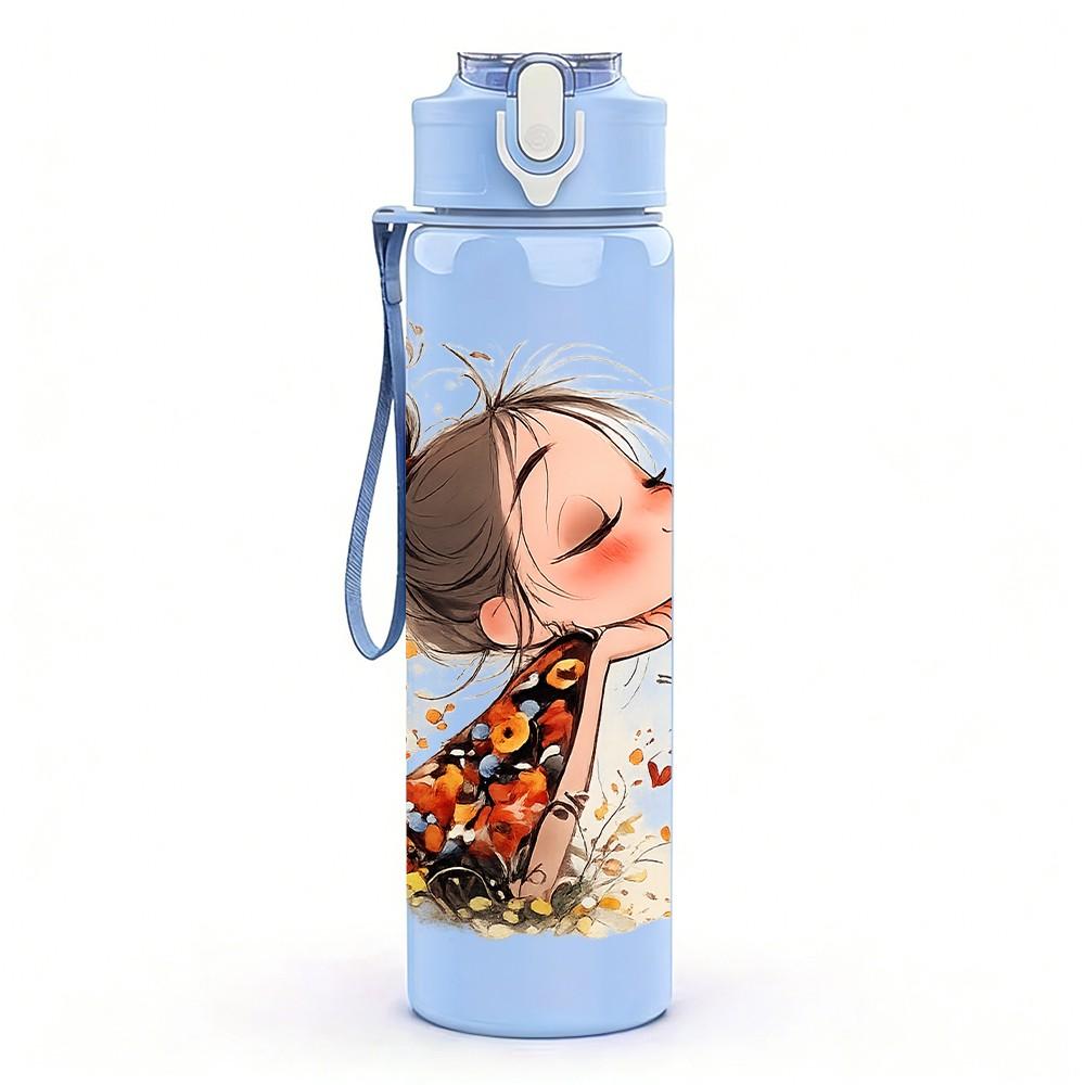 1PC Little Girl Oriental Style Art Print 750ml Color Plastic Sports Water Bottle Leakproof Flip Straw Lid Suitable for Sports Office Home Use