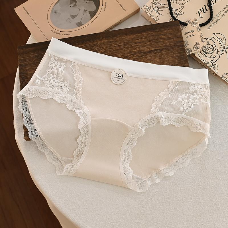 Women's Spring and Summer Mesh Lace Splicing Cotton 10A Antibacterial Inner File Middle Waist Briefs