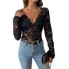 Women Long Sleeve Deep V Neck Lace Bodysuit Sexy See Through Hollow Out Teddy Playsuit
