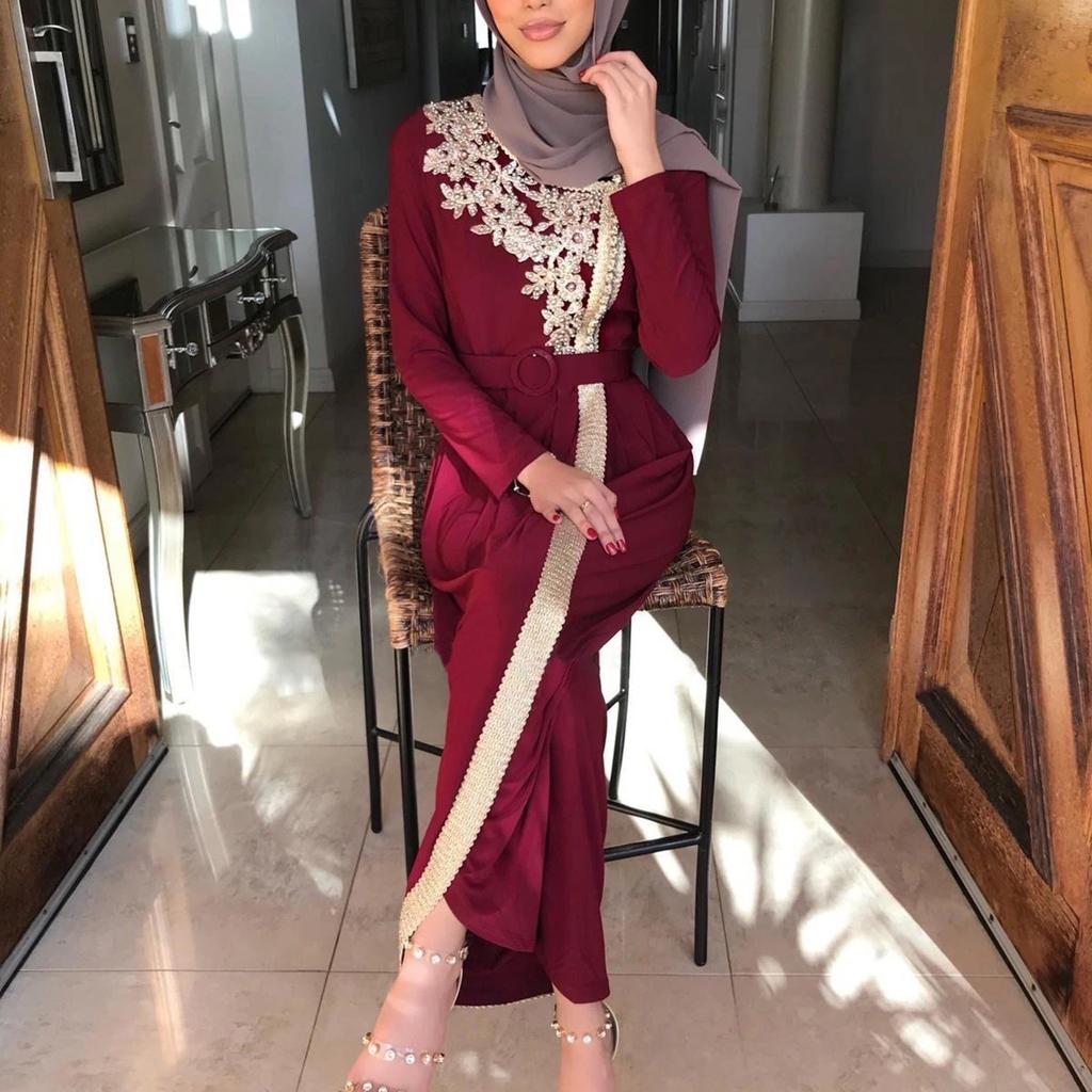 Women's Solid Color Long Sleeve Satin Soft Embroidered Waist And  Dress