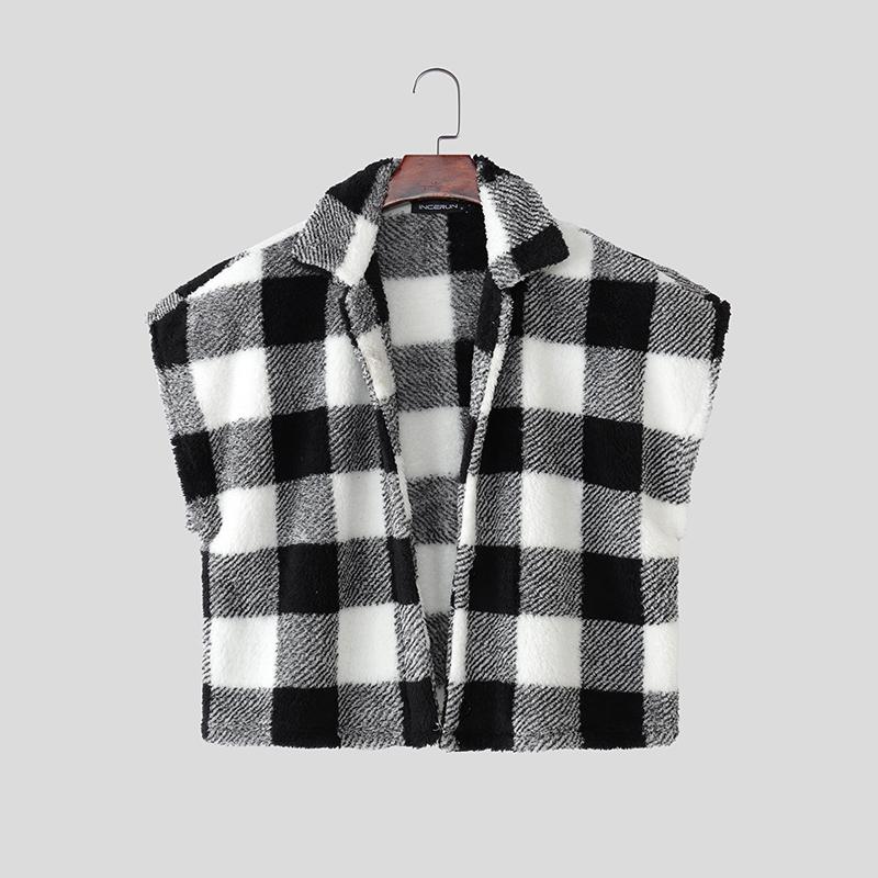 

INCERUN Men Sleeveless Plaid Check Furry Casual Loose Cropped Waistcoat Vest 5XL чёрный