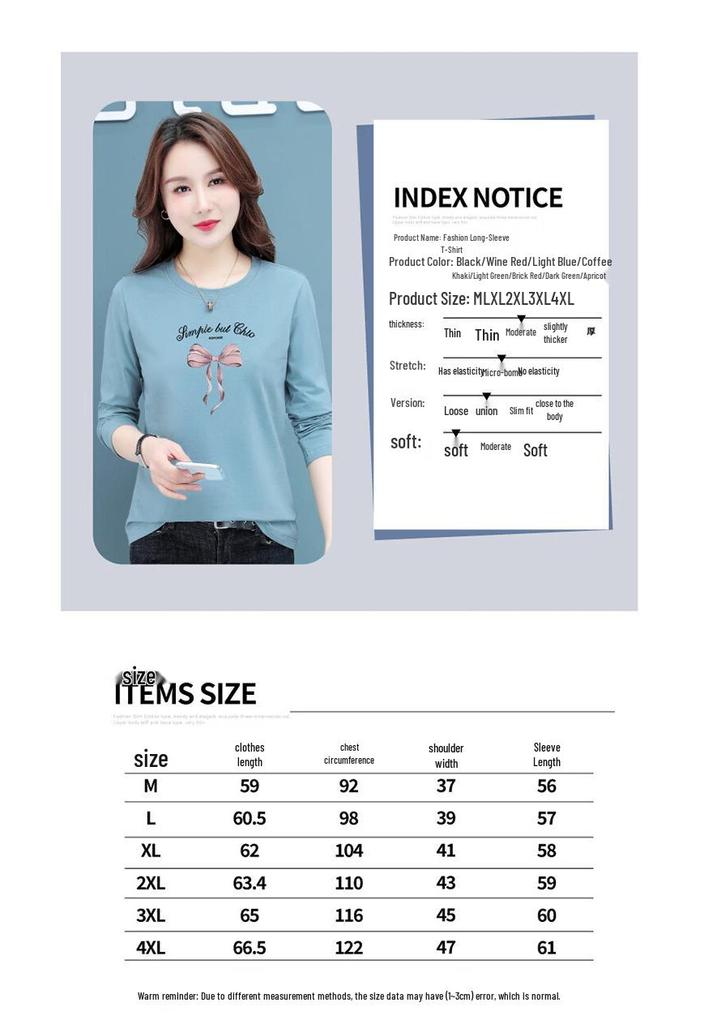 Women's Casual Bow-Print Long-Sleeve Crew Neck Cotton Blend T-Shirt