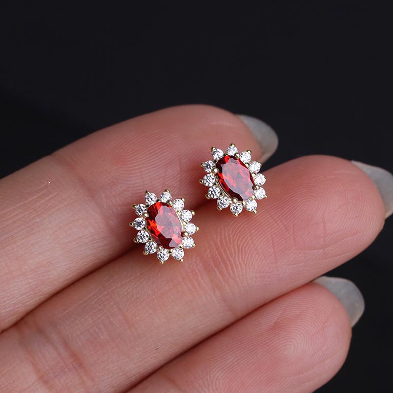 18K Gold-Plated Sterling Silver Garnet & Zircon Stud Earrings for Women Gold Pair (with Silver Earplugs)