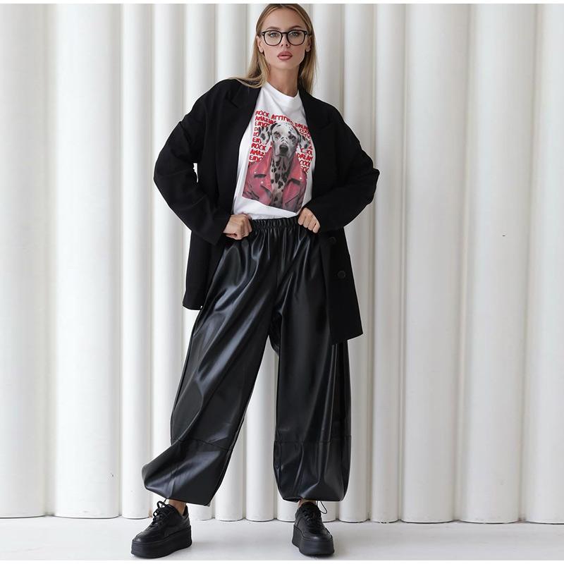 Drawstring Drawstring Lantern Leather Pants Women's Solid Color Autumn and Winter New Leather Pants Daily All-match Style Women's Pants