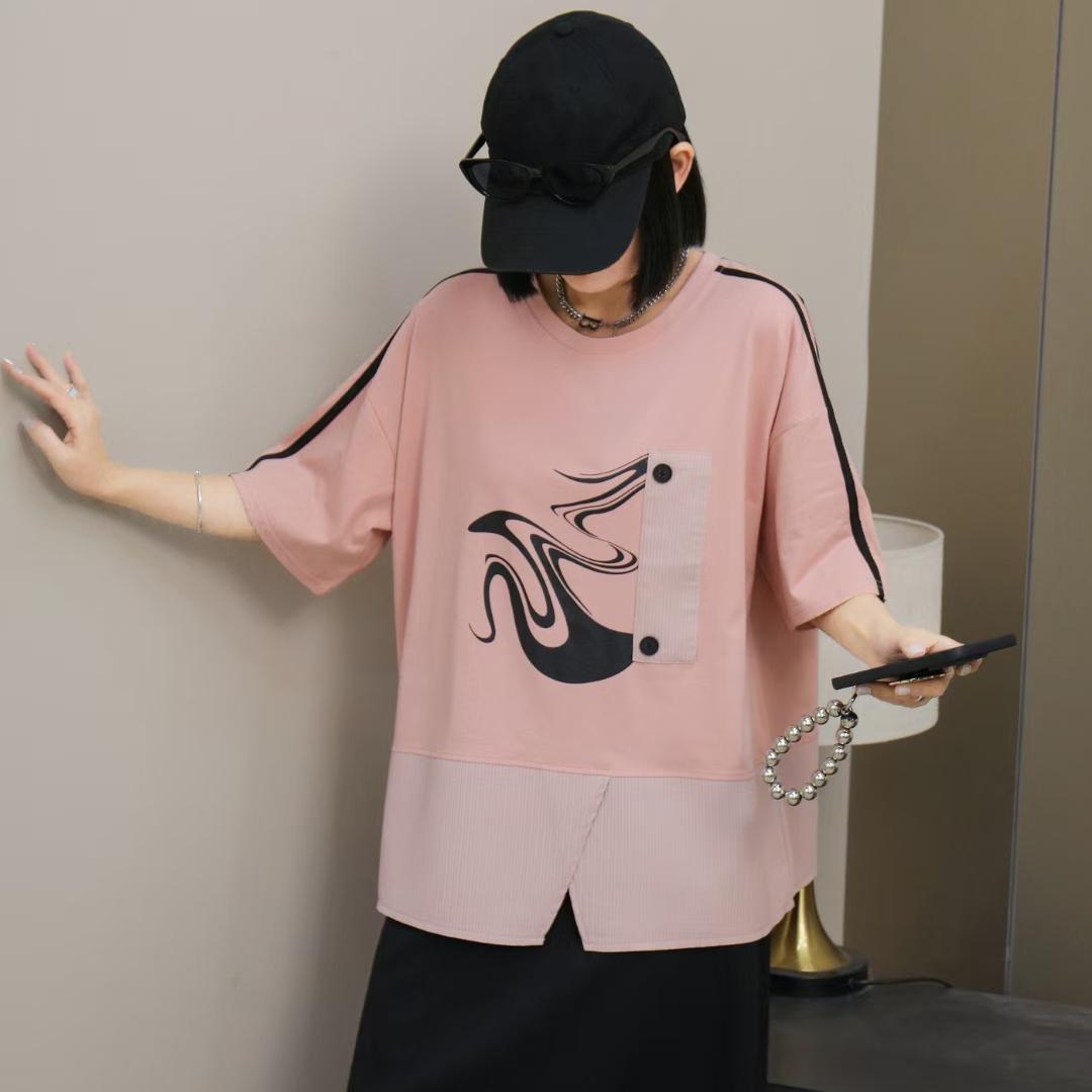 

DIMANAF 2025 Летняя футболка из хлопка для женщин с принтом Асимметричная с коротким рукавом Свободная One Size